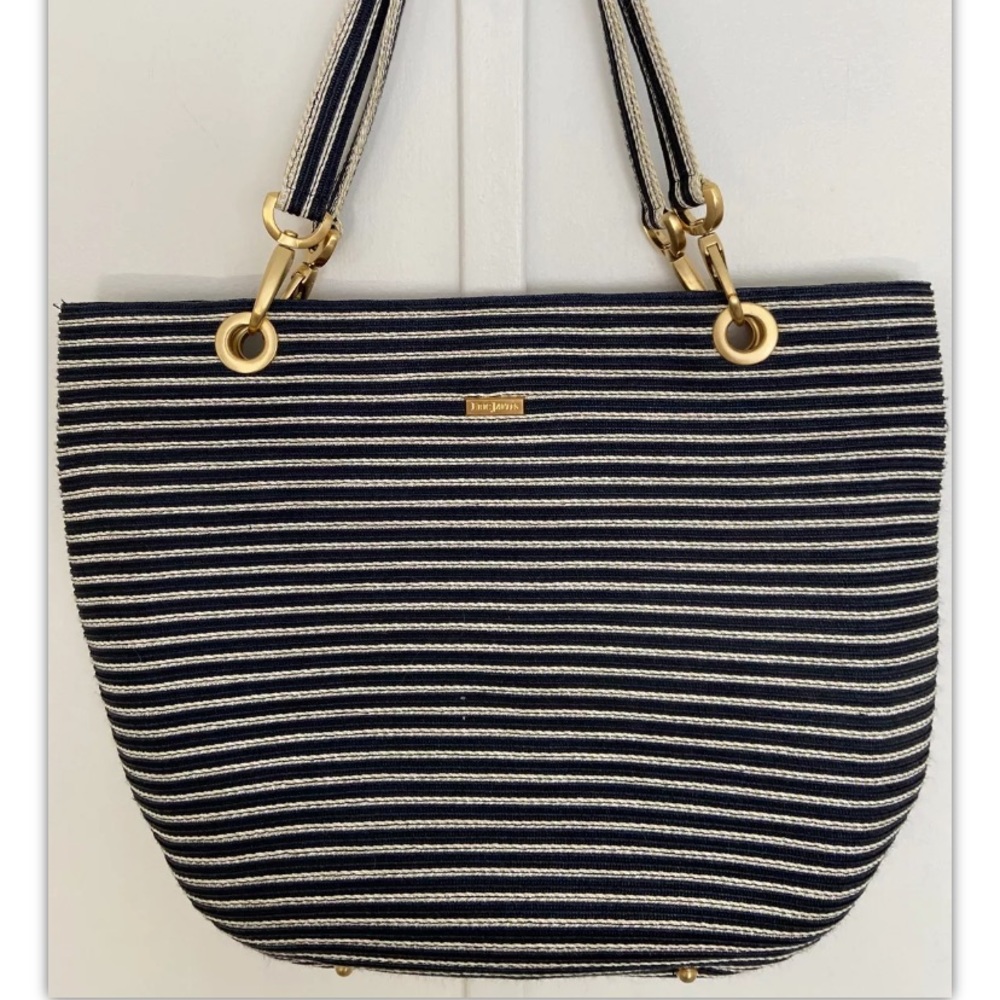 ERIC JAVITS  Squishee Clip Tote Bag Purse Navy Blue White Stripe Used Once Vtg